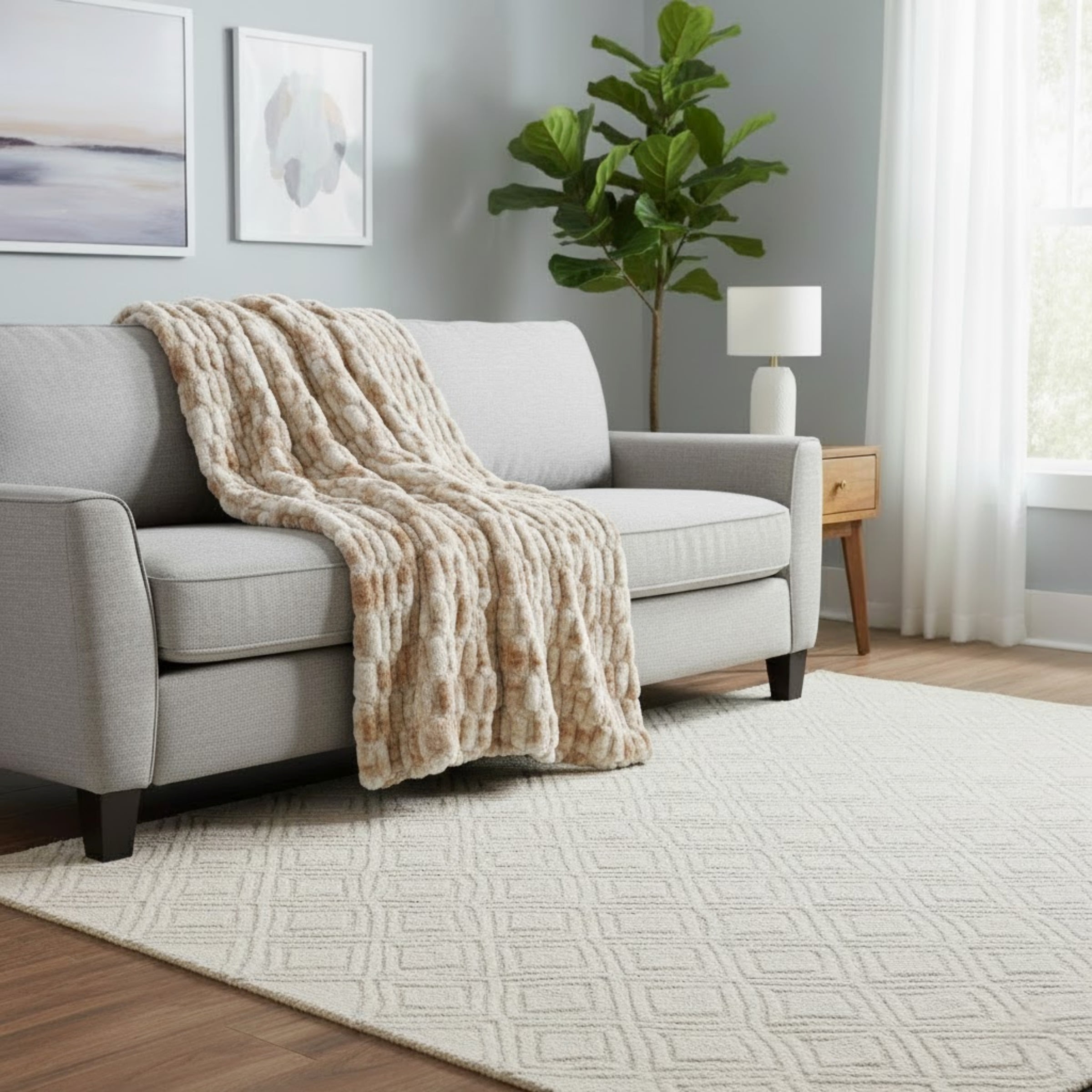 Lavish Home 60x80 Ruched Jacquard Faux Fur Blanket for Sofa and Bed, Cream