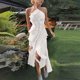thumbnail image 1 of TaTaai Women's Chiffon V-Neck Spaghetti Strap Midi Dress Ruffle Pleated Design Flowy Long Dress Slim Fit Casual Dress for Daily Vacation Gift, 1 of 7