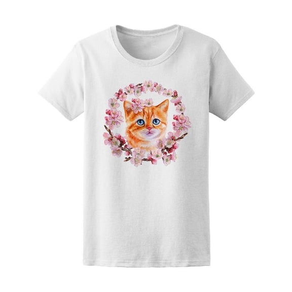 Watercolor Cat Romantic Wreath T-Shirt Women -Image by Shutterstock, Female Large