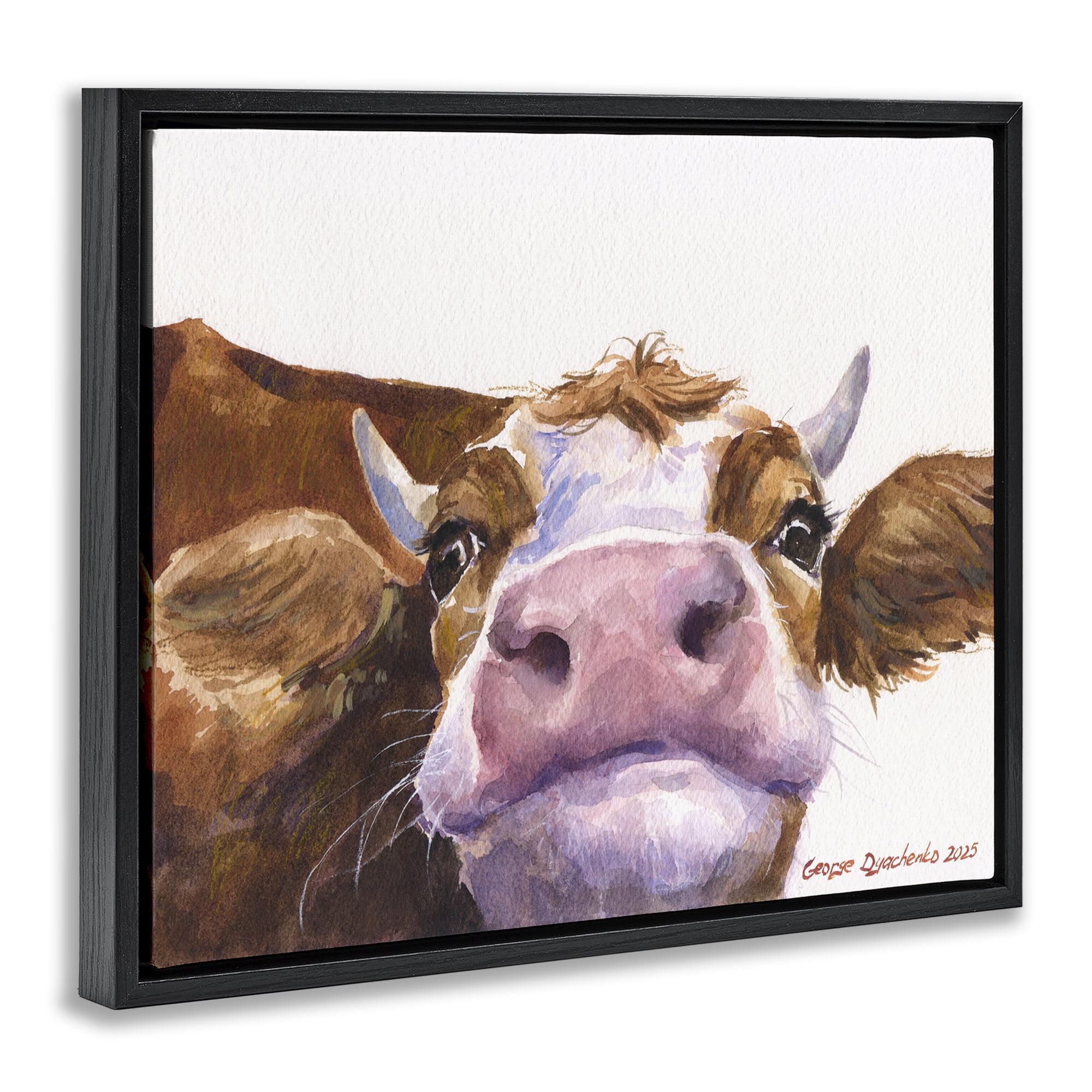 Stupell Industries Cute Cow Close Up Black Framed Floater Canvas Wall Art, design by George Dyachenko