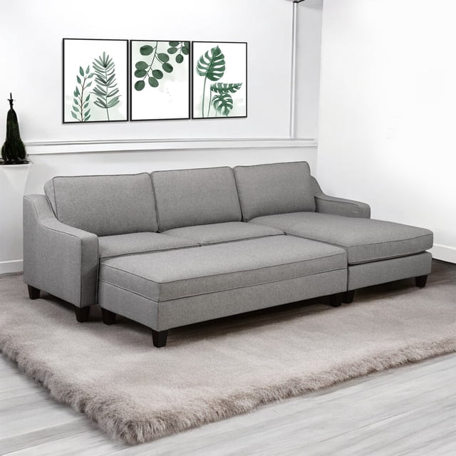 Cosmic Homes Wesley Grey Sectional Sofa with Right Hand Facing Chaise and Storage Ottoman – Fabric Upholstery