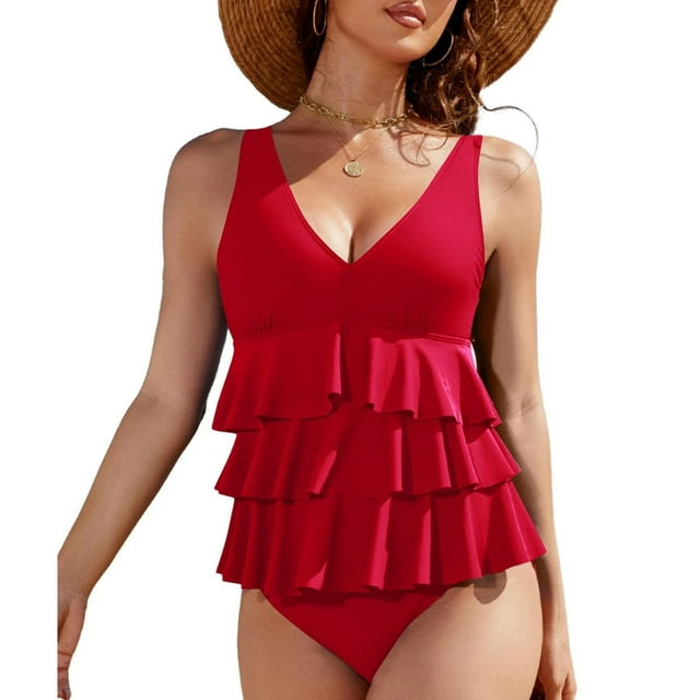 UPPADA Womens Blouson Tankini Swimsuits Ruffle Tankini Top with Briefs V Neck Solid Color Two Piece Bathing Suit Beach Swimsuit Slimming At The Waist Swim Suits Tankini Red,L