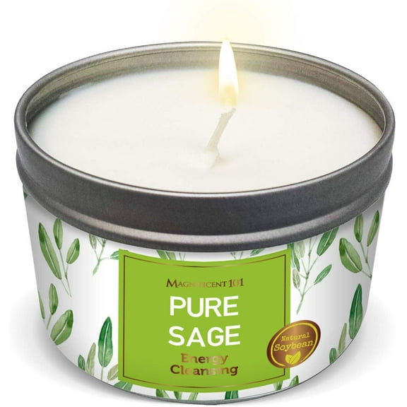 Magnificent 101 White Sage Smudge Candle for House Energy Cleansing, Aromatherapy, and Meditation – Natural Soy Wax Scented with White Sage – 6 oz Tin Holder Ideal for Men’s and Women’s Décor Styles