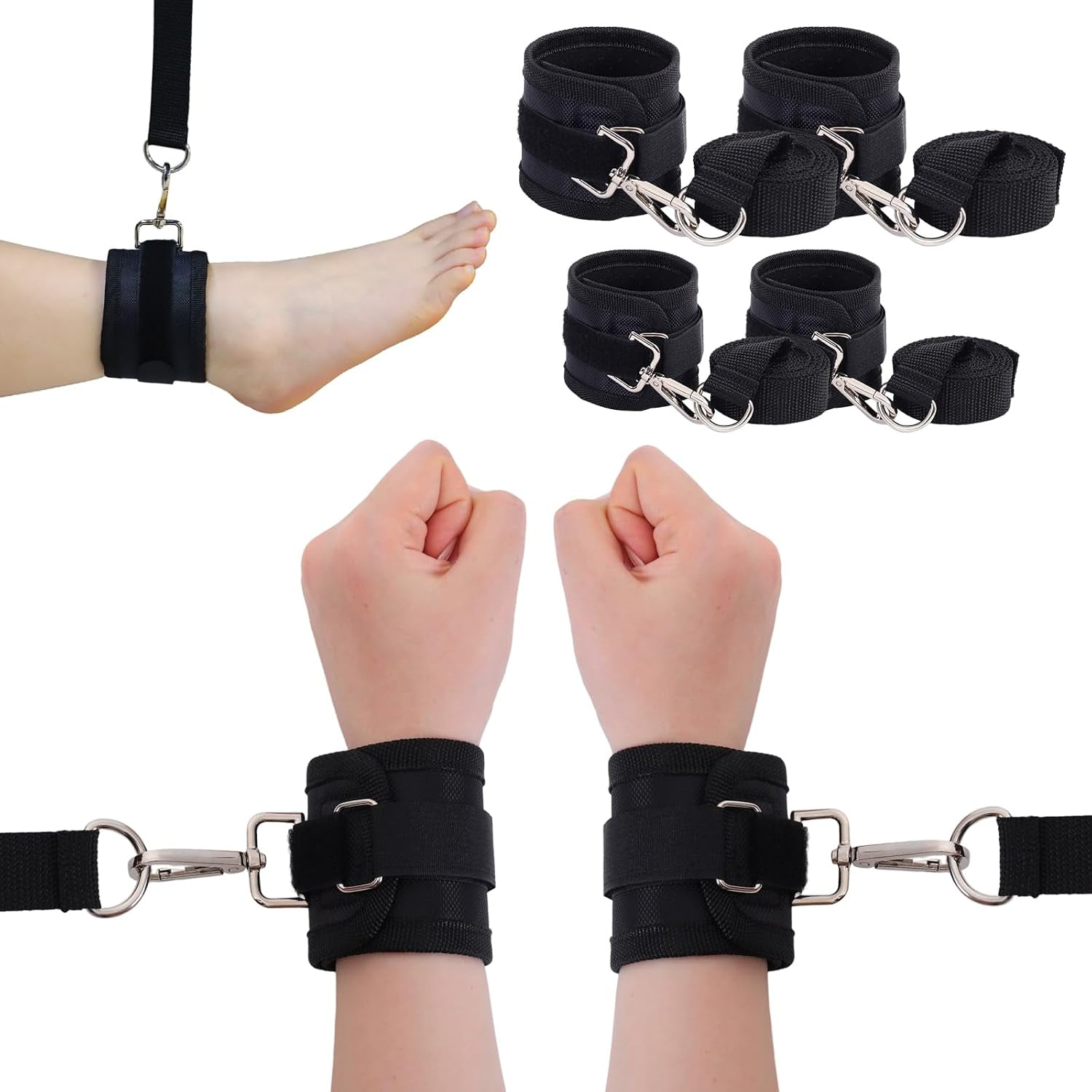 Adjustable Bed Restraints 4-Piece for Wrist & Ankle, Breathable Limb Holders with Double-Layer Fasteners, Long Straps for Beds, Railings, Chairs – Black