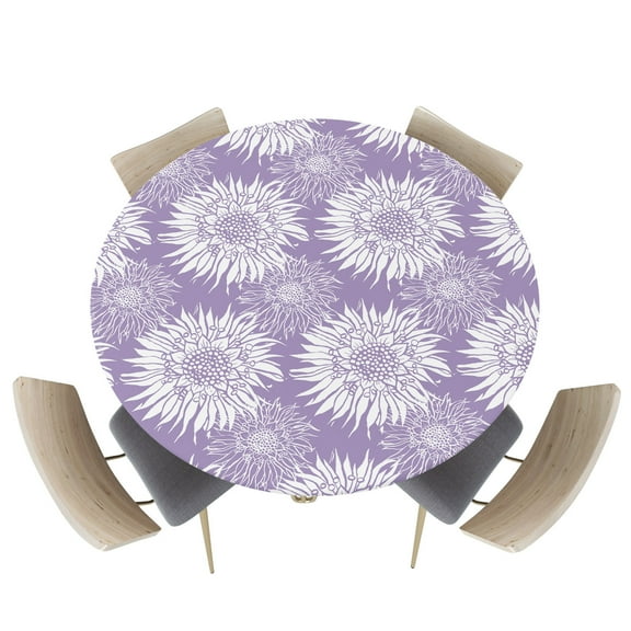 Fitted Round Tablecloths Table Covers 55-60in,Blooming Sunflowers on Purple Waterproof Elastic Edged Table Cloth for Kitchen Dining Holiday Party Tables Decor,Nature Spring Flower Blossom