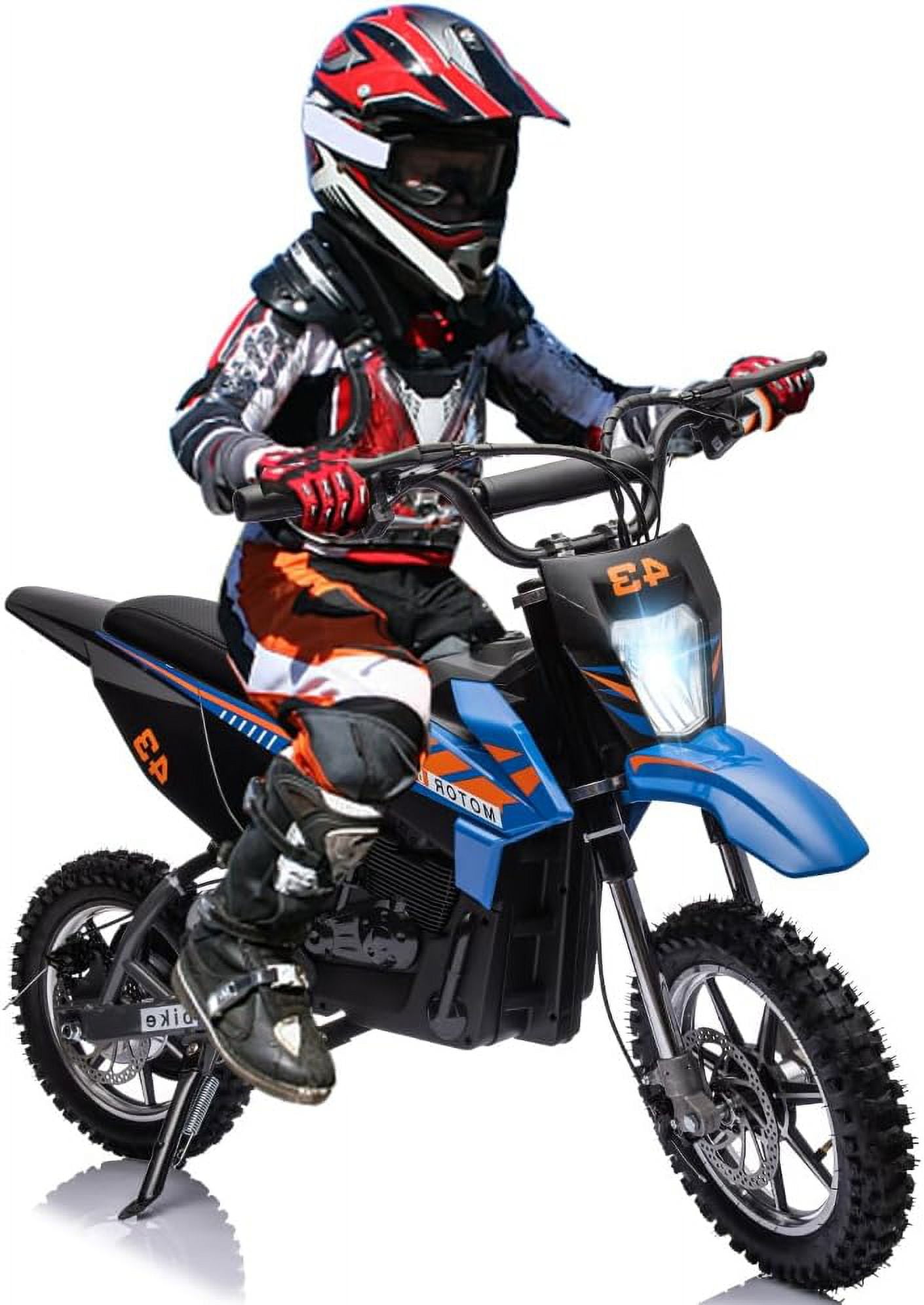 Kids Ride on Off-Road Motorcycle with LED Headlight, Leather Seat,Front+Back Brake, 36V Kids Electric Dirt Motorcycle, for Kids Ages 14+(Below 175lb) Blue Brushed Motors