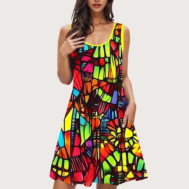 Camisón sin mangas con bolsillos y estampado para mujer, camisón de cuello redondo, vestido de poliéster para mujer