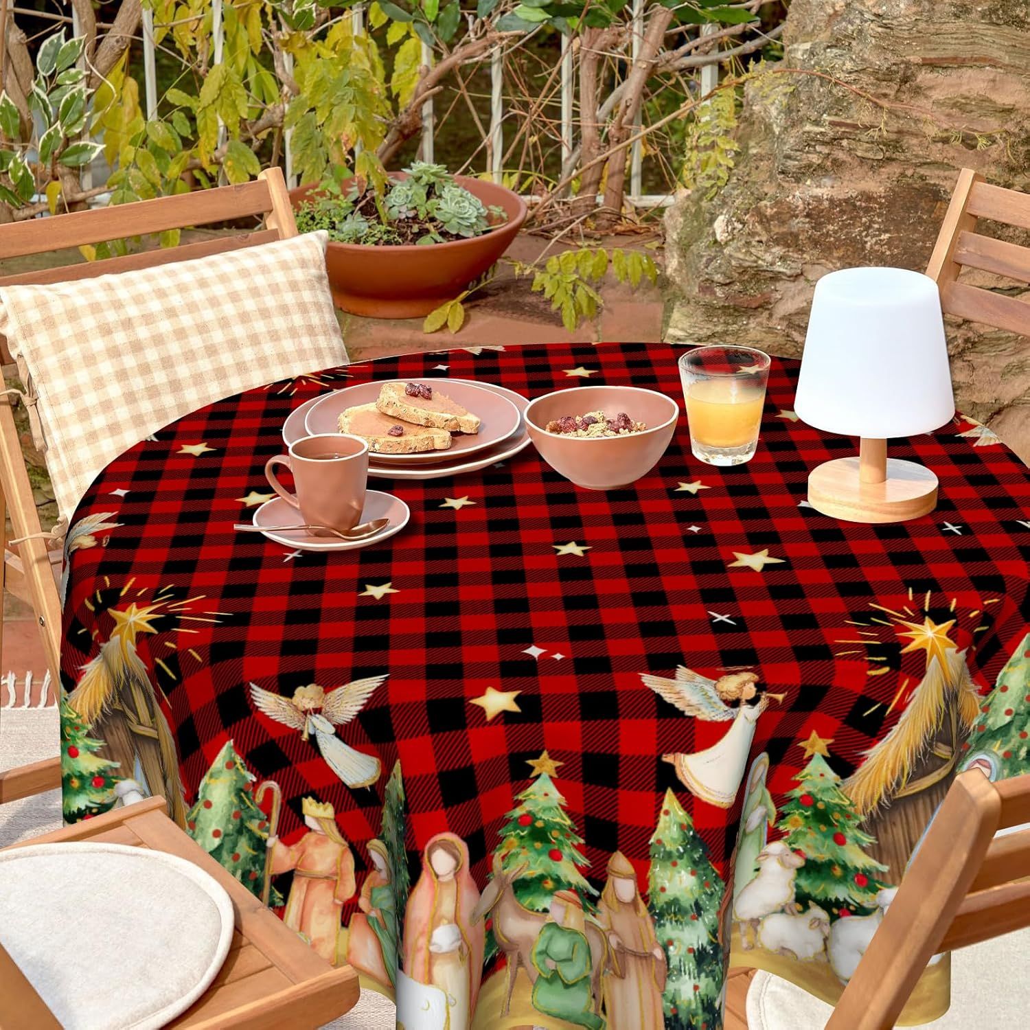 Christmas Round Tablecloth 60 inch Christmas Nativity Table Cloth Xmas Tree Table Cloths Decorations for Home Kitchen Dining Red Buffalo Plaid