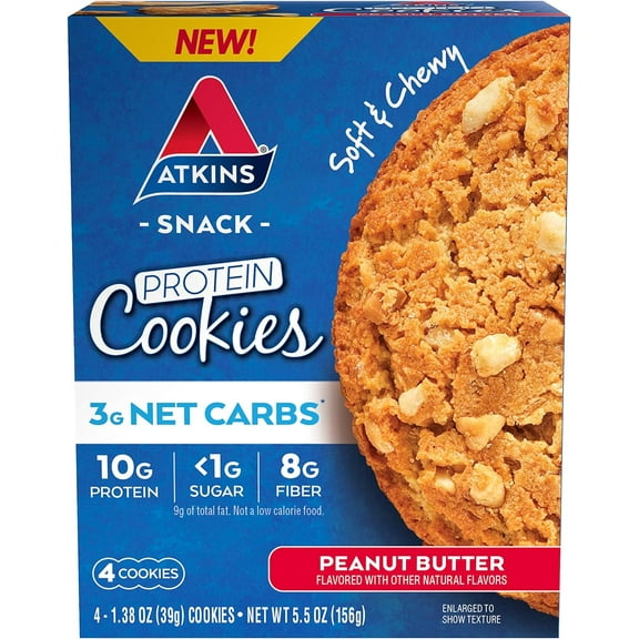 Atkins Peanut Butter Protein Cookie, Protein Dessert, Rich in Fiber, 3g Net Carb, 1g Sugar, Keto Friendly, 4 Count