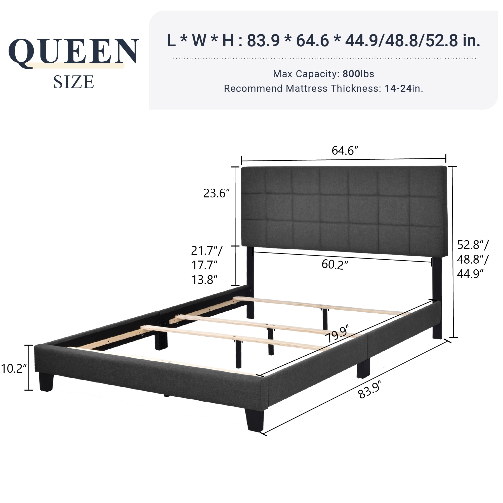 Allewie Queen Size Panel Platform Bed Frame with Adjustable High Upholstered Headboard, Grey