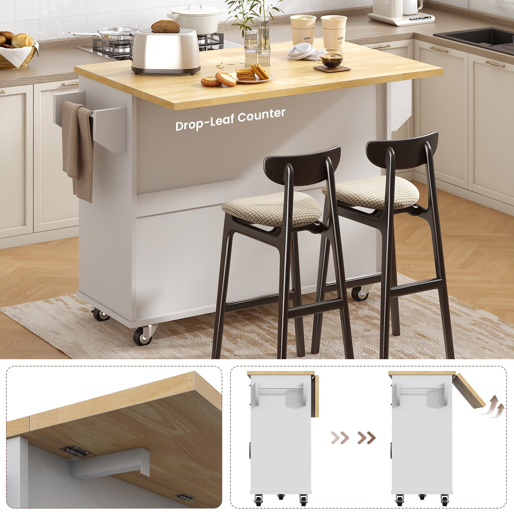 Meteorleg 51.2'' Kitchen Island Cart on Wheels, 3-Doors 2-Drawers Rolling Storage Cart with Adjustable Shelves & Rubberwood Countertop, White