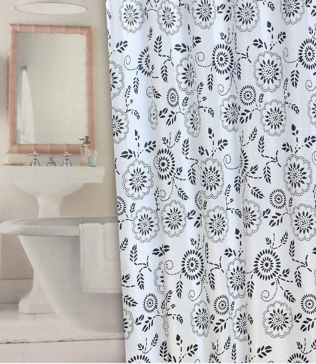 Caroline Canvas Fabric Shower Curtain Black and White Color 70 in X 72