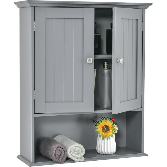 XPOPR Bathroom Wall Cabinet, Wooden Hanging Storage Cabinet with Doors & Shelves, Multipurpose Storage Cabinet for Restroom Kitchen Living Room, Wall Mounted Bathroom Medicine Cabinet. Grey