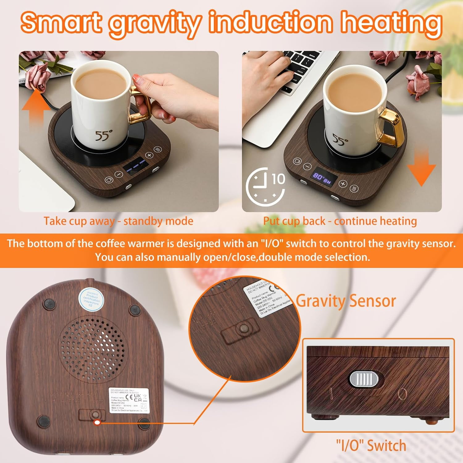 Candle Mug Warmer Electric,Auto On/Off Gravity-Induction Coffee Mug Warmer  with 9 Temp Settings,1-9 Timer Candle Melter Warmer Beverage Coffee Warmer