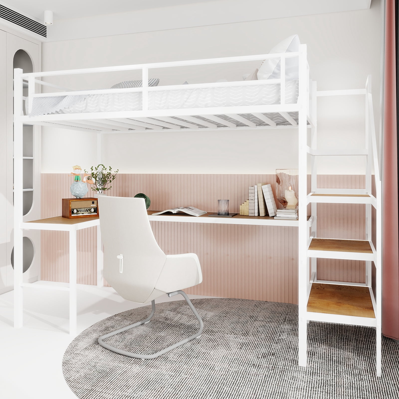 Alvantor Loft Bed Twin Size with L-shaped Desk, Metal Bed Frame with stairs for Kids/Teens, No Box Spring Needed White