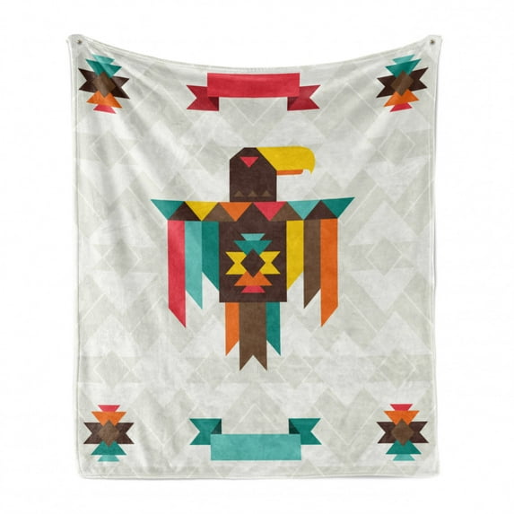 Southwestern Soft Flannel Fleece Throw Blanket, Composition with an Eagle in Style Folk Totem, Cozy Plush for Indoor and Outdoor Use, 50" x 70", Multicolor, by Ambesonne