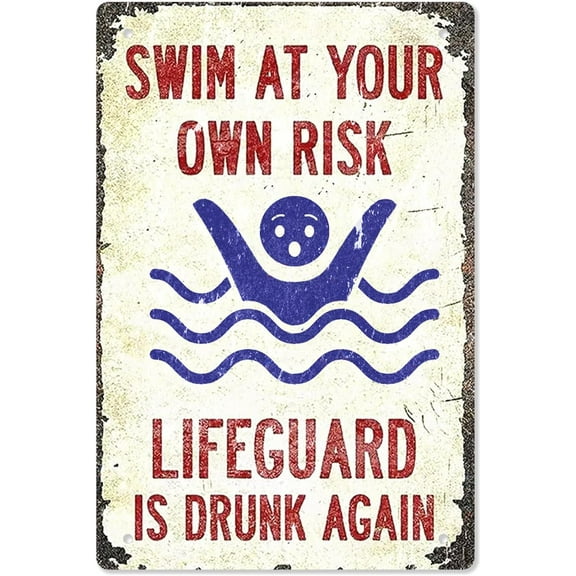 Pool Sign-'Swim at Your Own Risk'-Vintage Metal Funny Metal Signs for Decor Outdoor,Funny Pool Sign for Outside,8×12 inch