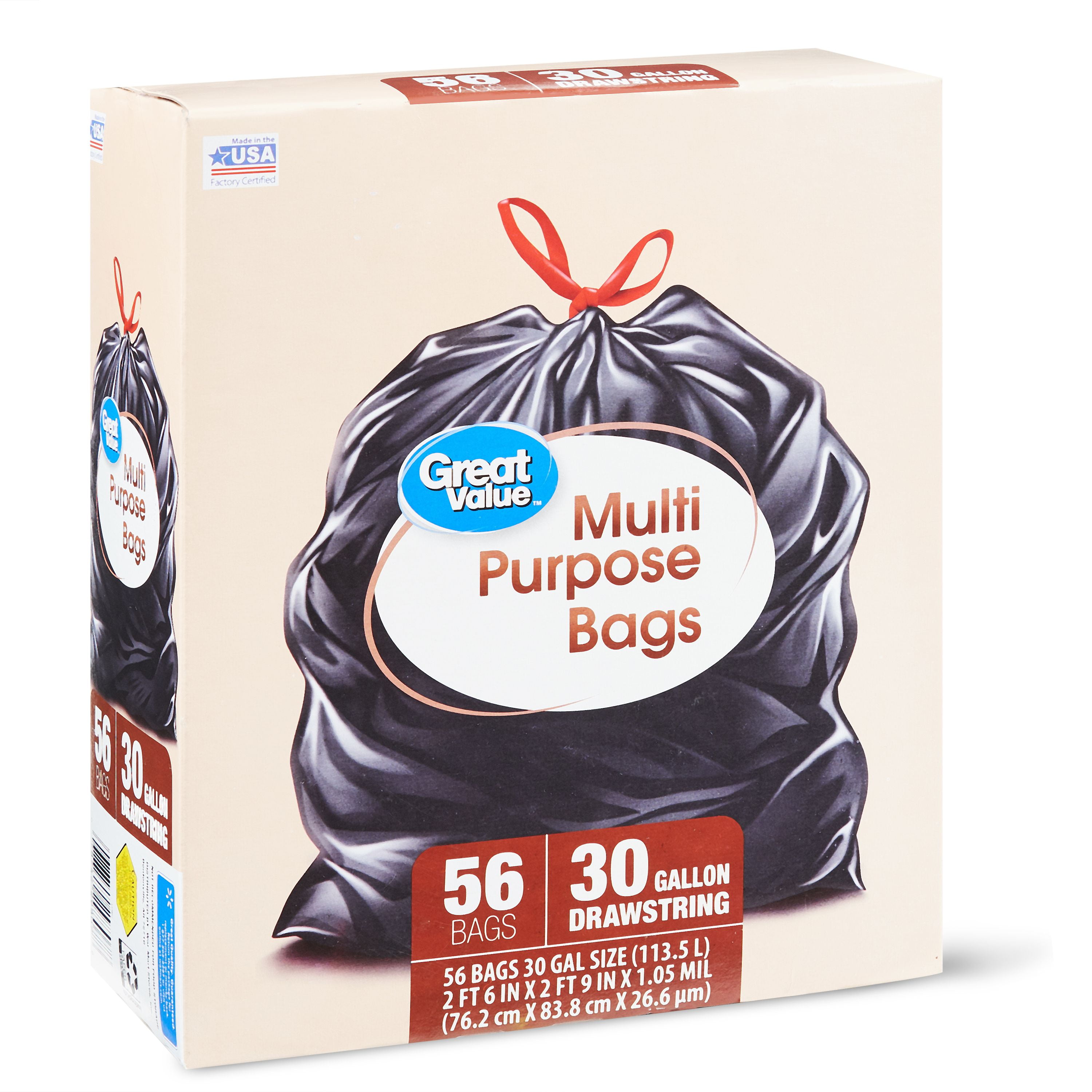 Great Value Multipurpose Drawstring Trash Bags, 30 Gallon, 56 Count