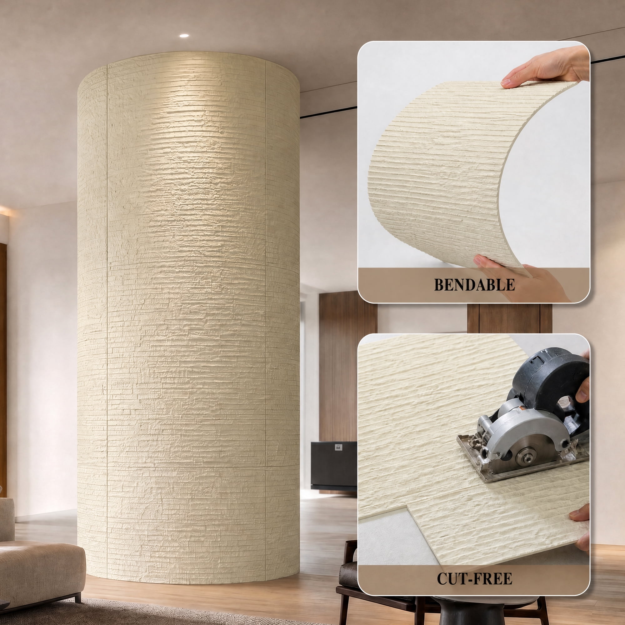 Real3D 8Pcs 24"x24" Faux Stone Wall Panels 3D Textured, Flexible Real Sand Finish Decorative Wall Tiles,Creamy White