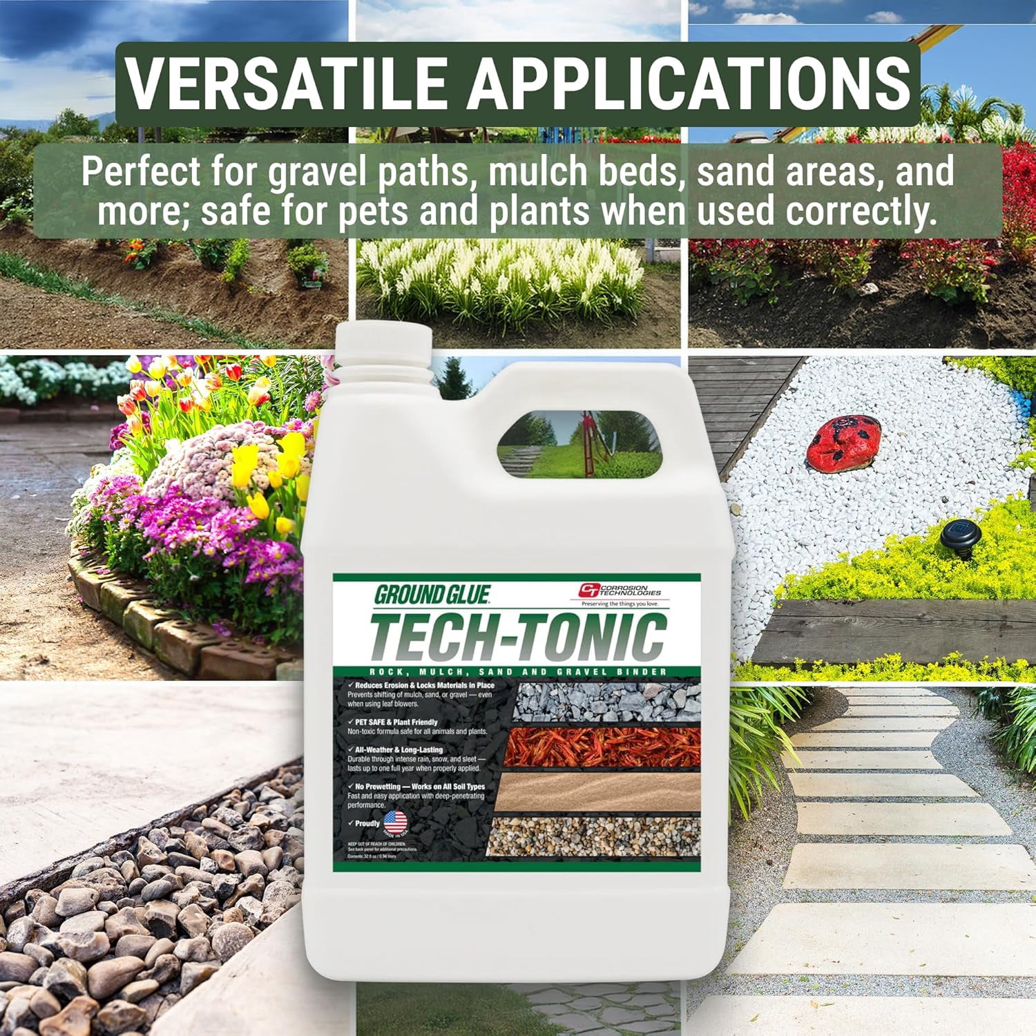 Ground Glue Tech-Tonic Landscape Adhesive for Rock, Mulch, and Sand, Long-Lasting Stabilizer for Trails & Slopes, Pet-Safe binder for, Gravel, Bark & Flower Beds, 32oz