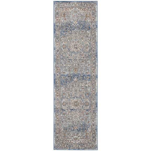 2' X 8' Ivory And Blue Oriental Power Loom Non Skid Runner Rug