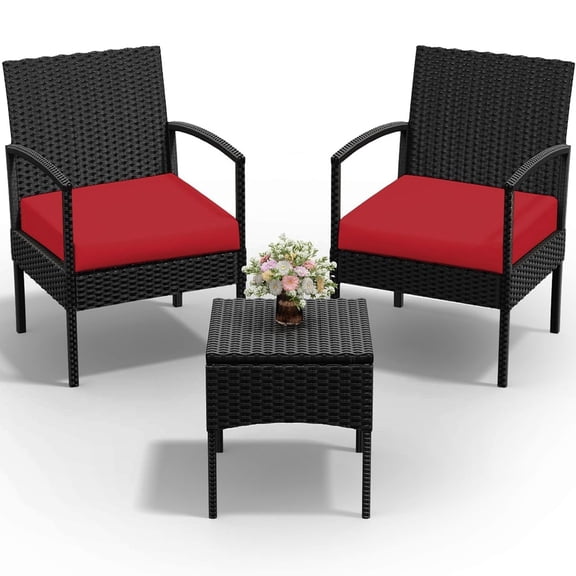 Tappio Outdoor Furniture 3 Piece Patio Bistro Furniture Set, Rattan Conversation Chairs Set with Side Table and Cushions, Patio Furniture Sets for Balcony Garden Porch, Red
