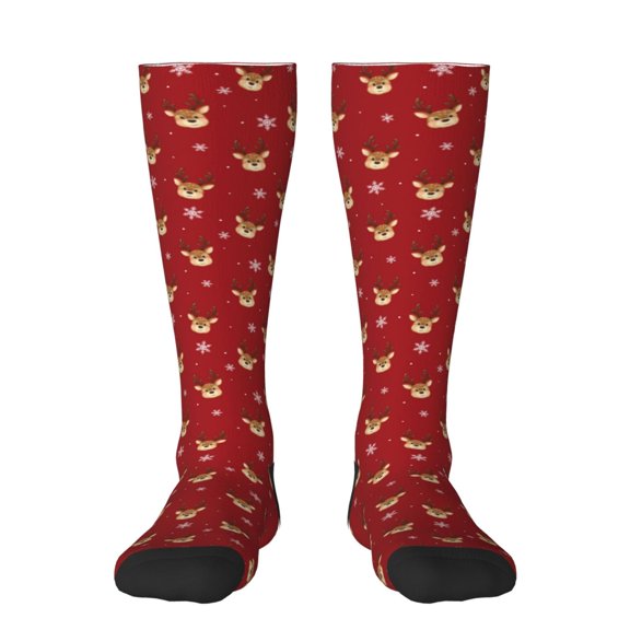 Hirioo Reindeer Faces Festive Red for Adult Stockings Breathable Sock Non-Pilling,Contrasting Color Design