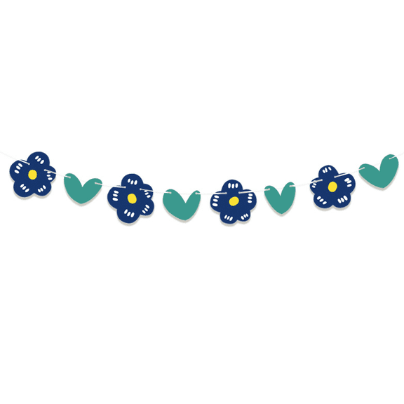 Floral Heart Garland Banner, Navy Blue and Teal, Paper Flower and Heart Party Decoration