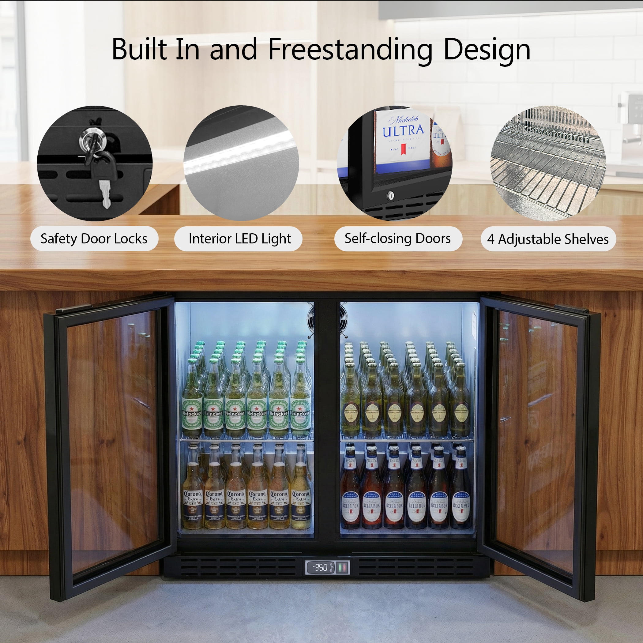 Coolake 36in 7.4 cu.ft Commercial Back Bar Cooler with 2 Glass Doors, Under Counter Beverage Refrigerator for Restaurant