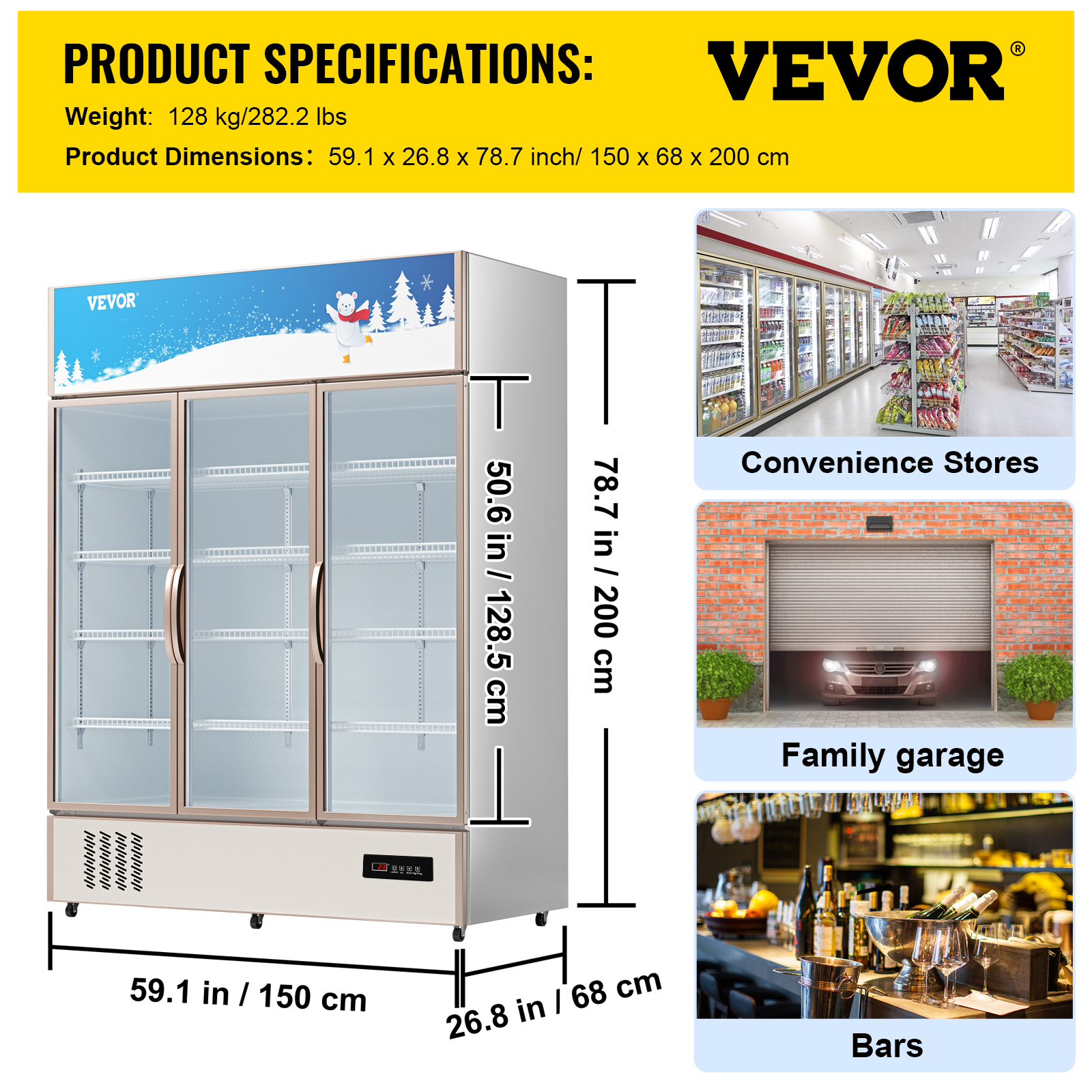 BENTISM Commercial Merchandiser Triple Glass Door Refrigerator