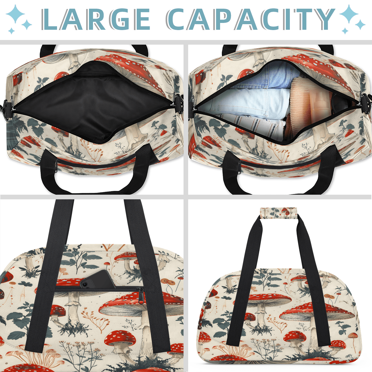 Herdesigns Sports Duffle Bags Travel Duffle Bag Gym Bag Red Mushroom Weekender Travel Bag Waterproof Overnight Bag Carry On Travel Tote Bag Dance Bags