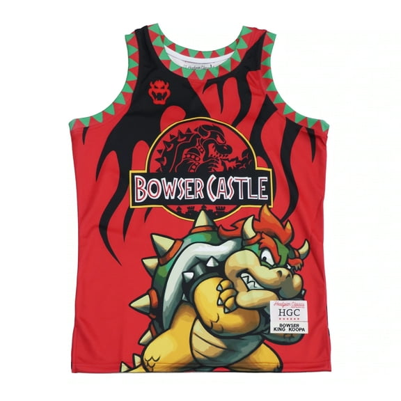 Bowser Castle Super Mario Men's Headgear Classics Embroidered Basketball Jersey (Small, Red)