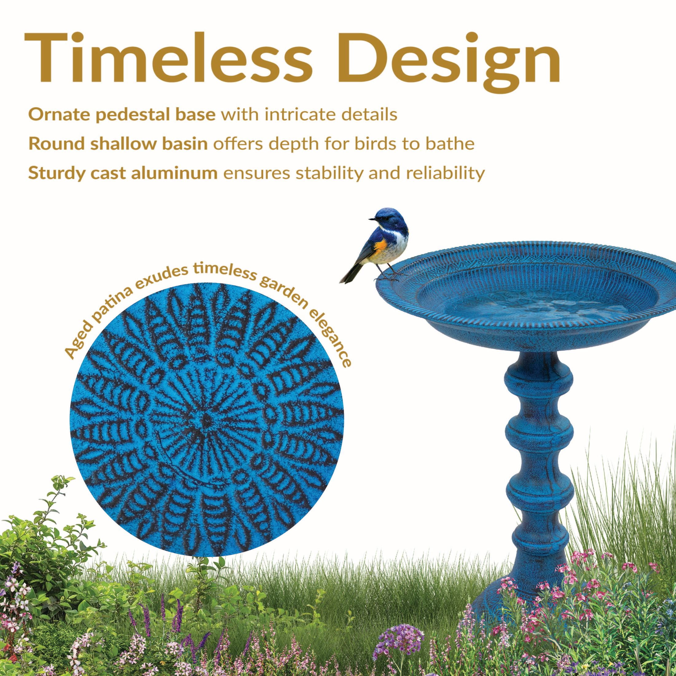 Sunnydaze Backyard Beauty Freestanding Cast Aluminum Outdoor Bird Bath, Blue Patina