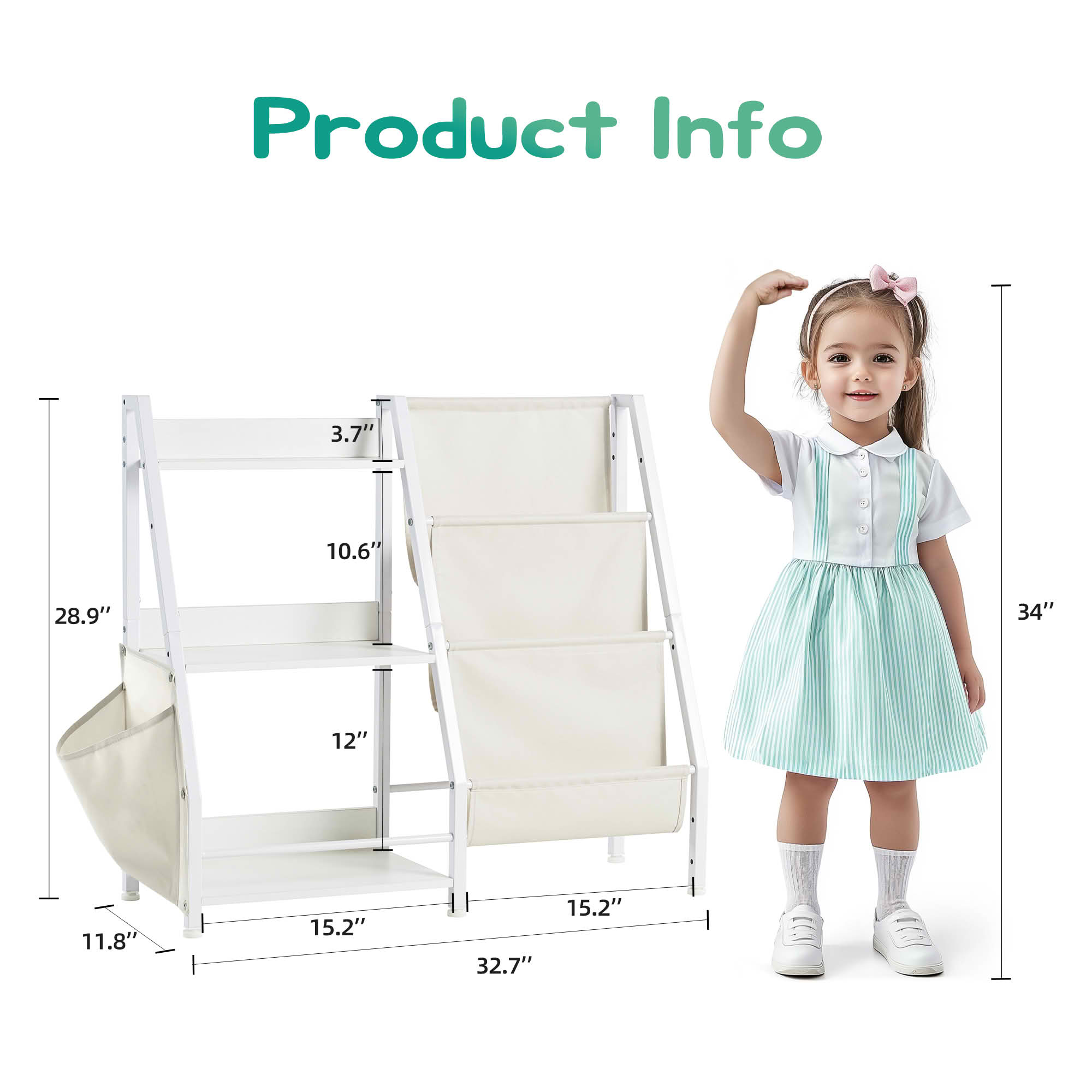 MAYEERTY White Metal 3-Tier Kids Bookshelf, 3 Sling Pockets + Side Pockets for Bedroom Study Room
