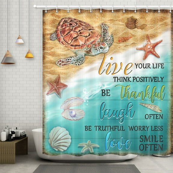 Beach Turtle Shower Curtain for Kids, Blue Ocean Seashell Sea Turtle on Beach Waterproof Fabric Shower Curtain Set, Rustic Farmhouse Bath Curtain for Bathroom Decor With Hooks 69*70in