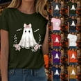 thumbnail image 2 of felwors Halloween women's shirt 2025 cute ghost cotton shirt autumn pumpkin T-shirt round neck pattern T-shirt casual short sleeved top Red, L, 2 of 8
