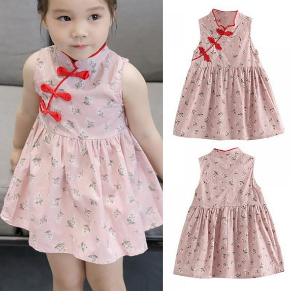 Chinese Girls Dress Flower Print Qipao Sleeveless Cheongsam Dresses Princess Birthday Party Costume 1-6 Years