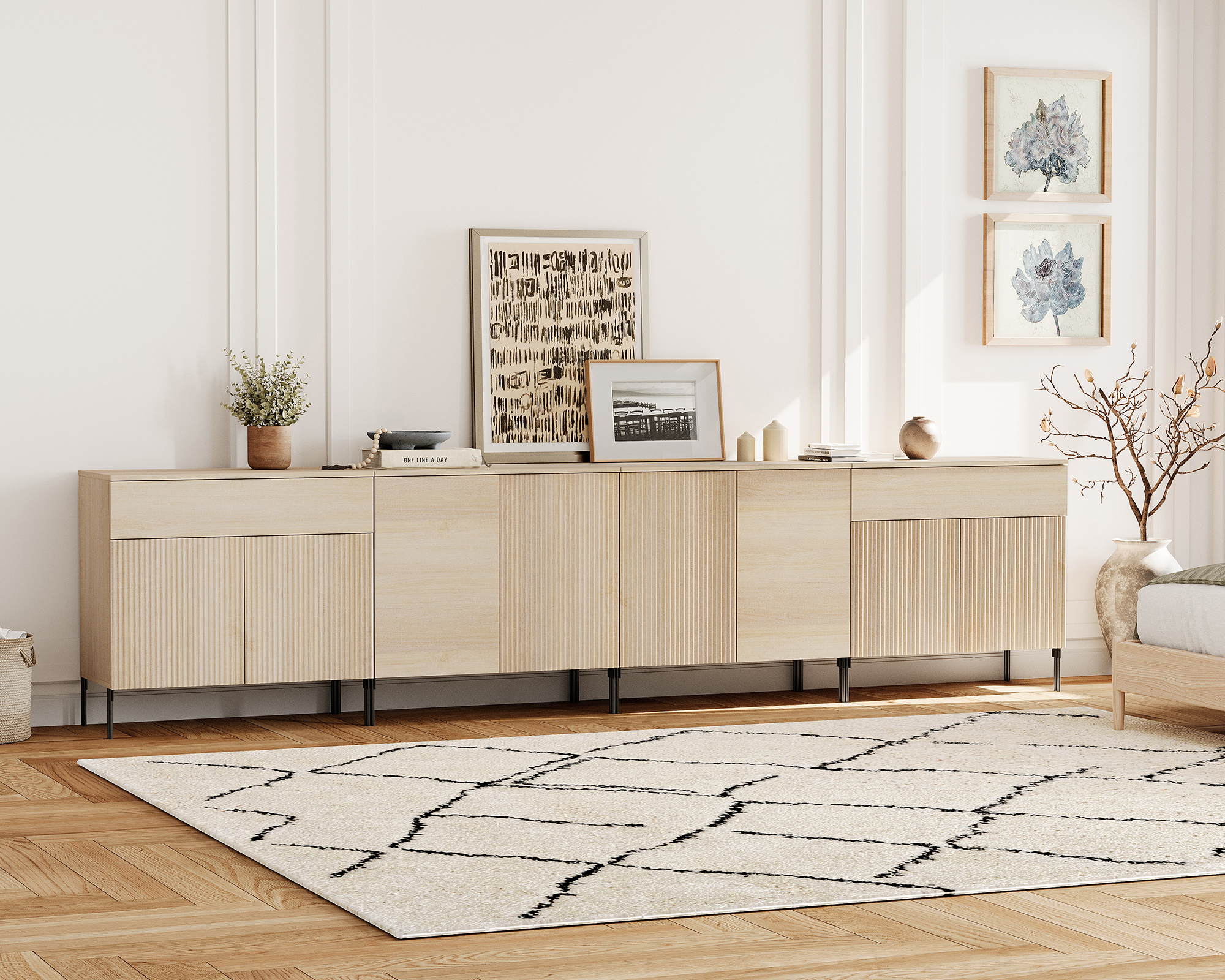 126" Modern Reeded Drawer Dresser Set with Doors for Bedroom, Minimalist Chest of Drawers with Storage, Wooden Dresser for Living Room, Bedroom, Entryway