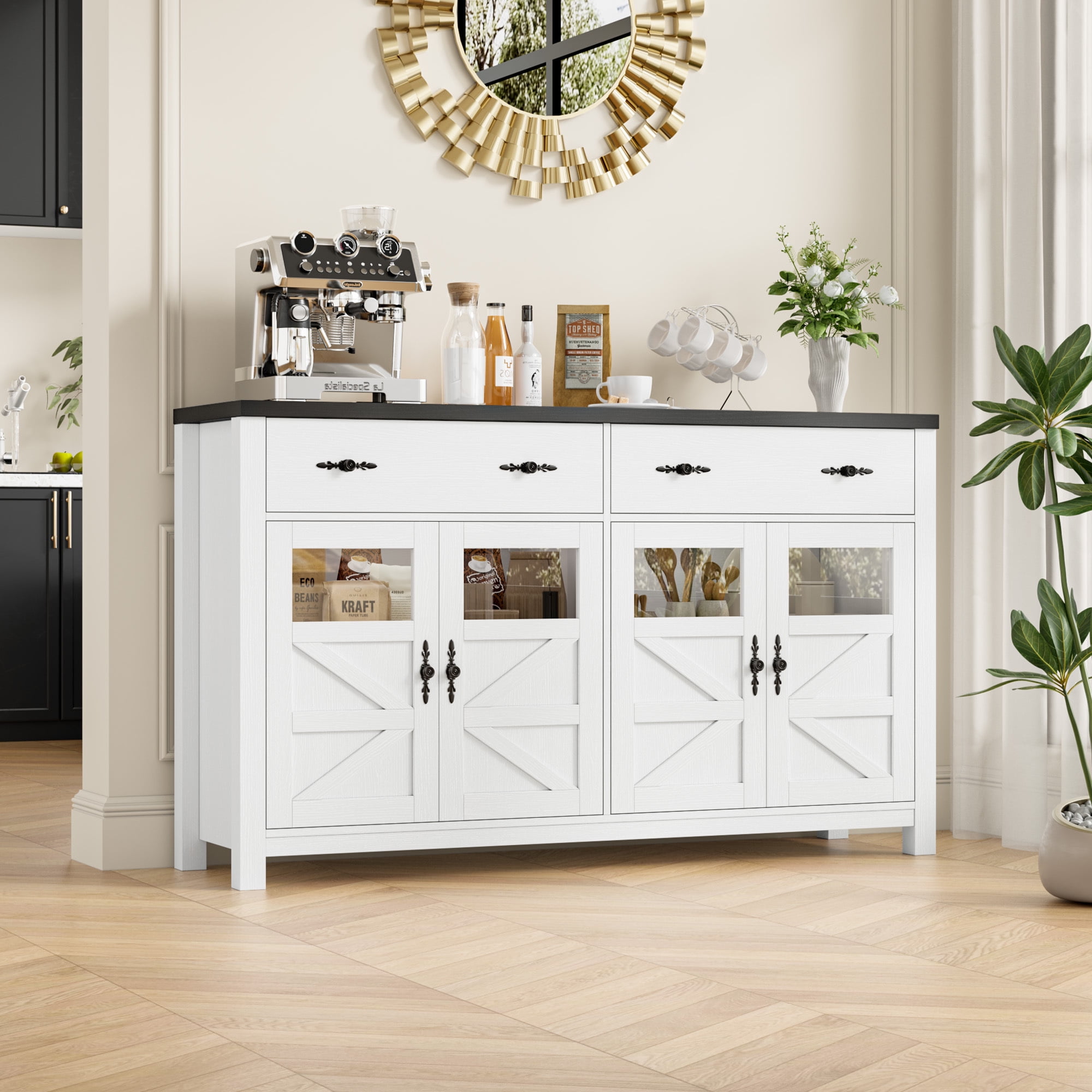 Homfa 55.1" Farmhouse Buffet Cabinet with Storage Drawer & Adjustable shelf, Kitchen Storage Cabinet with 4 Glass Door, Large Wood Sideboard Credenza for Dining Room, White & Black