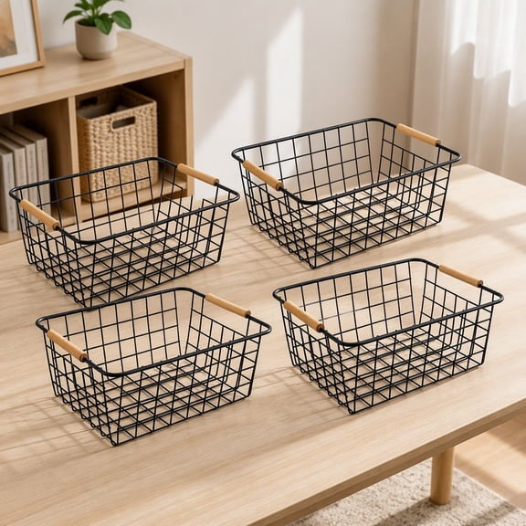 4 Metal Wire Storage Baskets with Wooden Handles, Wire Baskets for Pantry Organization, Kitchen Closet Office Storage