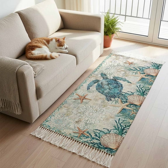 Teal Coastal Turtle Kitchen Runner Rug 2'x4', Vintage Summer Beach Nautical Coral Washable Rug with Tassels, Non Slip Woven Cotton Bathroom Rugs Hallway Carpet for Foyer Bedroom Entry Back Door Decor