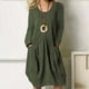 thumbnail image 2 of Vestido de mujer Frente plisado Manga larga Cuello redondo Color puro Vestido suelto casual con bolsillos para primavera otoño Verde XL, 2 of 6