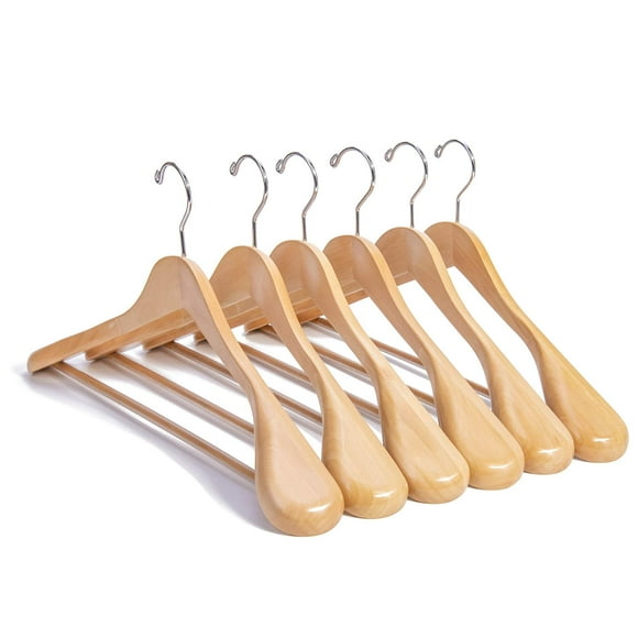 Nature Smile Perchas de madera natural de lujo para trajes – Paquete de 6 – Perchas de madera para abrigos, chaquetas, ropa de abrigo, perchas para camisas, acabado brillante con hombros extra anchos,