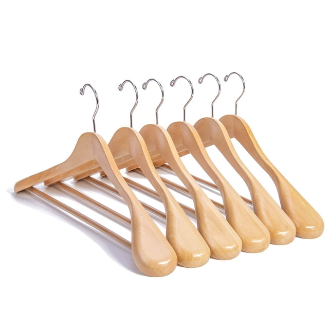 Nature Smile Perchas de madera natural de lujo para trajes – Paquete de 6 – Perchas de madera para abrigos, chaquetas, ropa de abrigo, perchas para camisas, acabado brillante con hombros extra anchos,