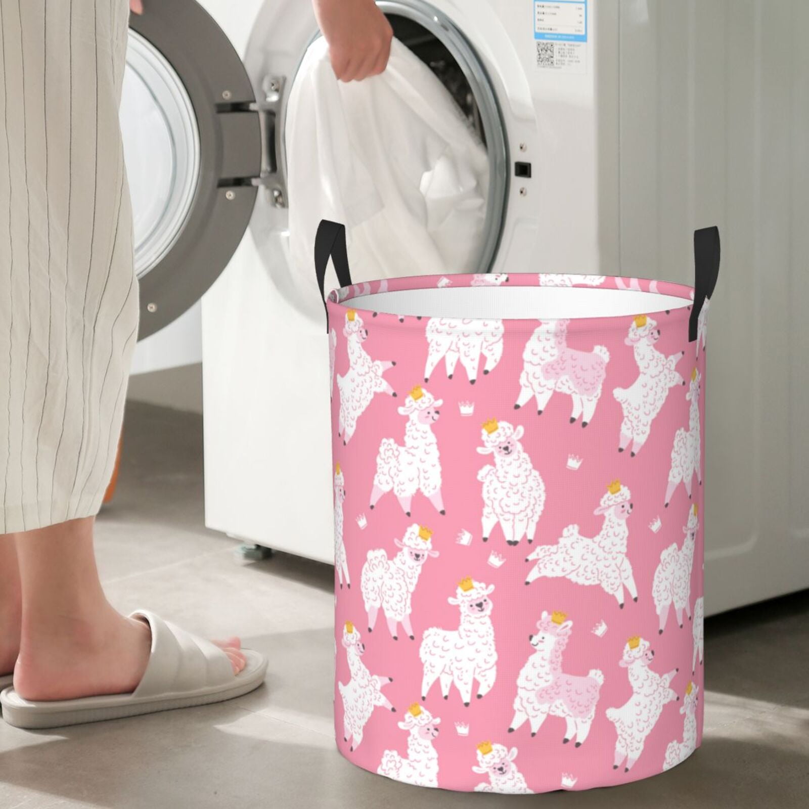 Large Laundry Basket with Handles - Happy Cute Alpaca Crown Kids Baby Dirty Clothes Laundry Hamper for Bedroom Aesthetic
