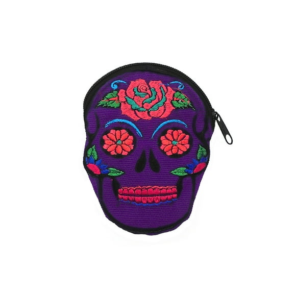 Day of the Dead Sugar Skull Shaped Floral Embroidered Coin Purse Pouch - Womens Fashion Handmade Bags Boho Travel Accessories
