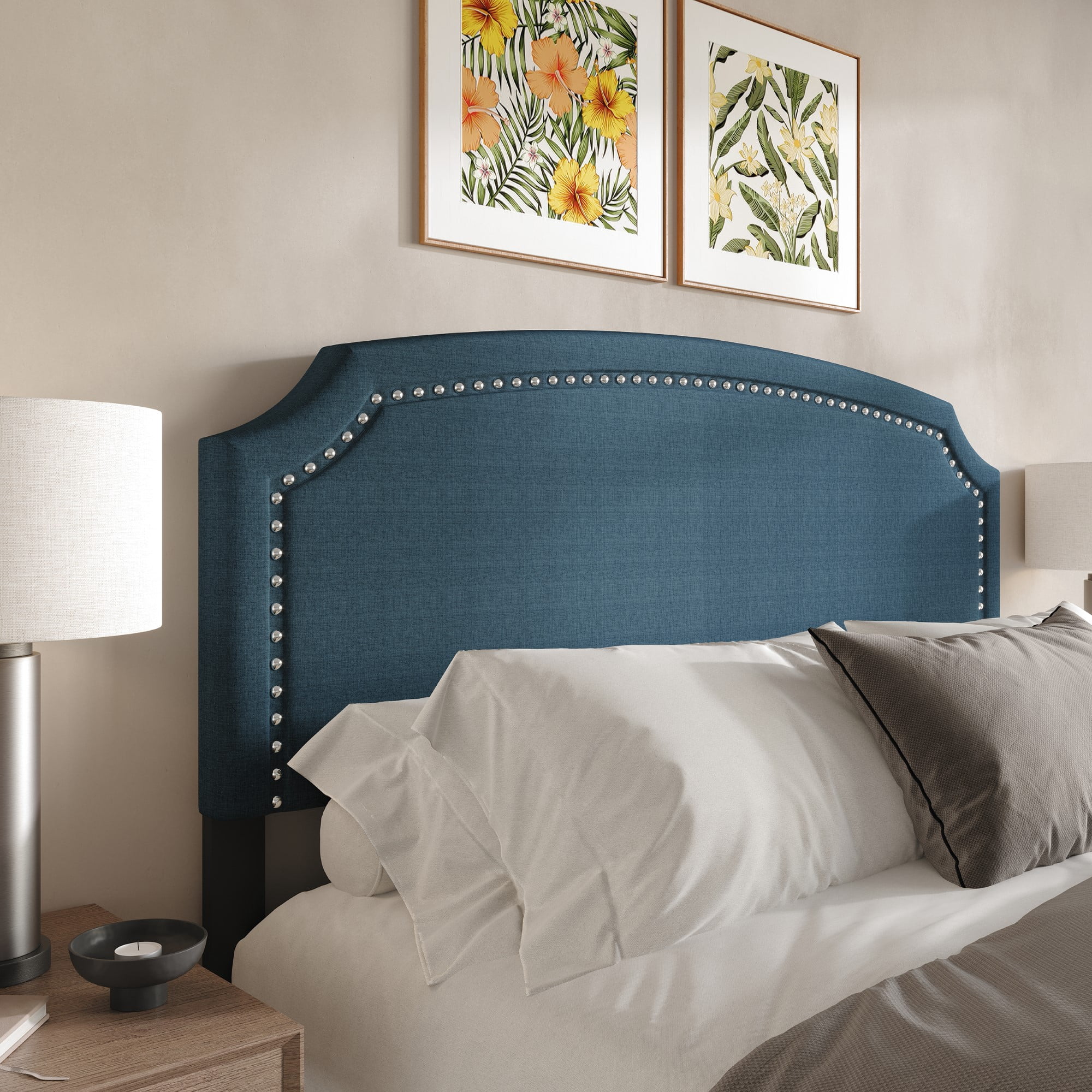 Home Design Bowie Queen Upholstered Headboard with Adjustable Height and Nailhead Trim, Denim Blue, Easy Assembly