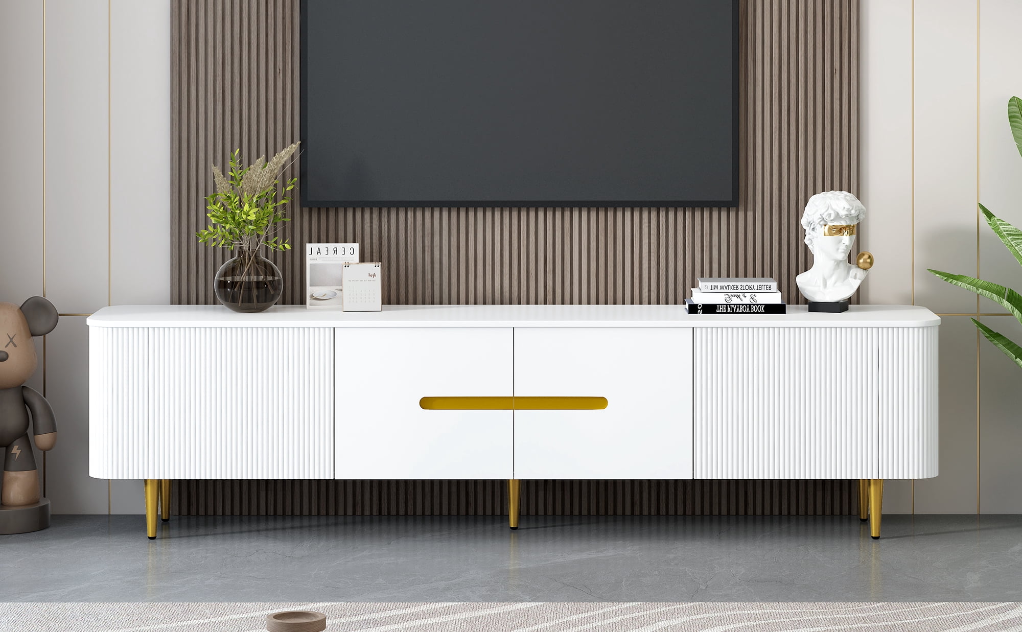 Euroco Modern Minimalist TV Stand with 4 Cabinets and Gold Metal Legs