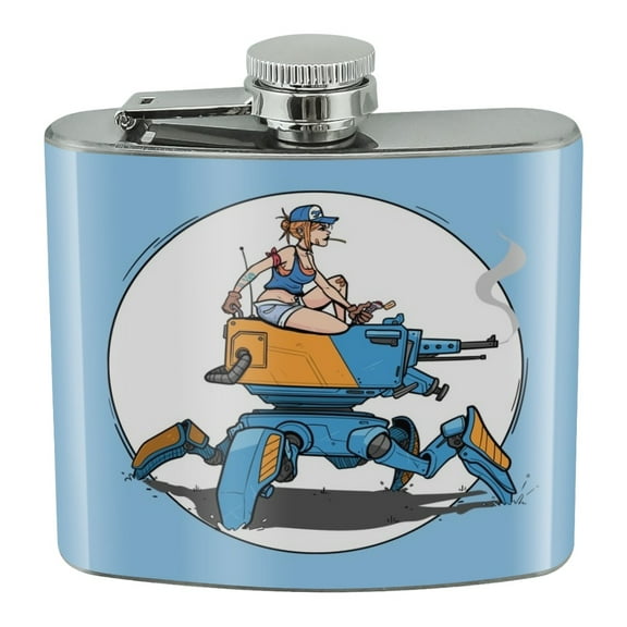 Mechanic Girl Riding Mecha Robot Tank Mech Engineer Stainless Steel 5oz Hip Drink Kidney Flask