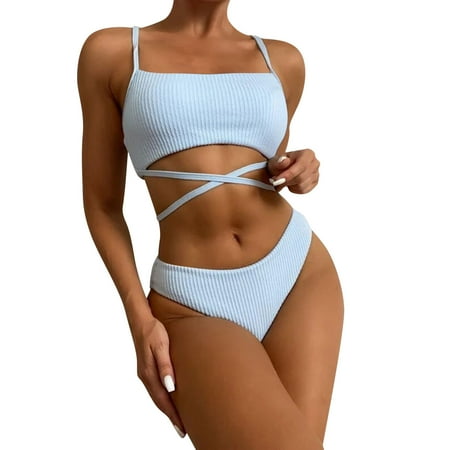 Ploknplq Women s Two-piece Swimsuit Stock Drop Bandage Push Up Bra Women s Bikini Set Solid Swimsuit Set Beachwear Triangle Bikini Set Summer Swimwear Light Blue L